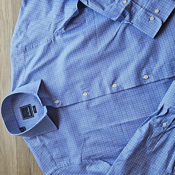 David Donohue Blue White Micro Check Plaid Button Down Dress Shirt 15/32-33 NWOT - Picture 1 of 8